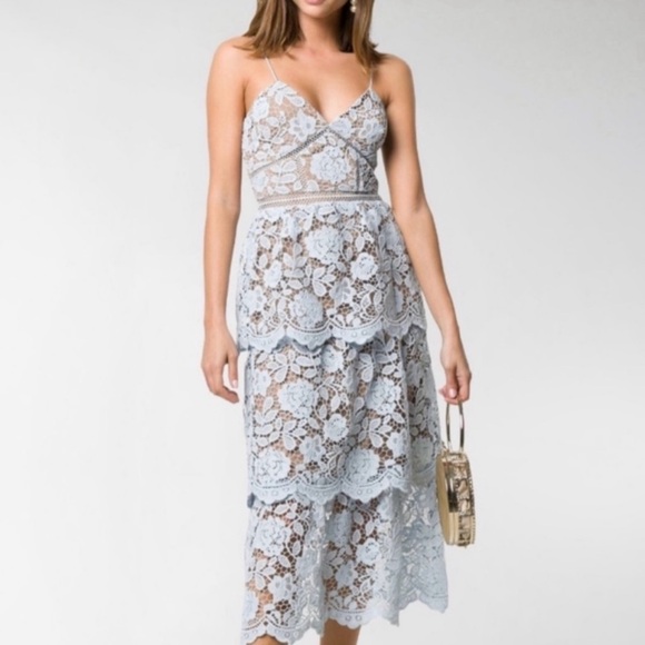 Self-Portrait Dresses & Skirts - Self Portrait Dress Midi Blue Crochet Lace Nude Lined Spaghetti Straps Size 2